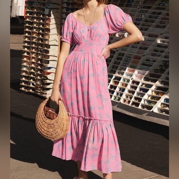 LoveShackFancy Dress Angie‎ Floral Gingham Midi Sz 2 XS